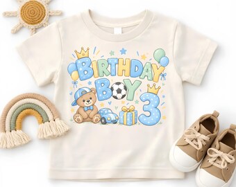 Teddy Bear 3rd Birthday Boy Shirt, Cute Bear Toy Car Soccer Ball Toddler Tee, Crown Balloons 3 Year Old Kids Youth Sweatshirt