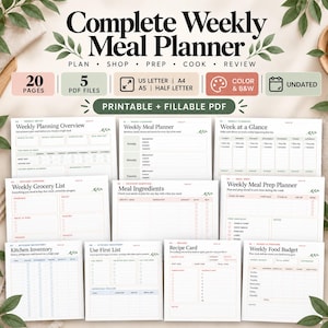 Puede incluir: Un conjunto de planificador de comidas digital titulado Complete Weekly Meal Planner con secciones para planificar, comprar, preparar, cocinar y revisar. Incluye 20 páginas, 5 archivos PDF y opciones para tamaños US Letter, A4, A5 y Half Letter.
