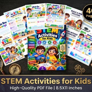 Puede incluir: Un libro de 40 páginas de actividades STEM para niños con una portada colorida que muestra a dos niños, un robot e iconos científicos. El conjunto incluye varias hojas de actividades como My STEM Explorer Profile y Build a Mini Volcano.