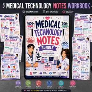 Può includere: Un pacchetto digitale di quaderni di appunti di tecnologia medica su uno schermo di tablet, circondato da sei guide di studio stampate su ematologia, chimica clinica, microbiologia, immunologia, sierologia e sicurezza in laboratorio con illustrazioni.