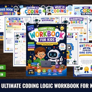 Il quaderno di esercizi definitivo di logica e programmazione per bambini, libro di programmazione stampabile, puzzle di logica, labirinti di robot, schede di lavoro STEM, istruzione domiciliare | Anni 6-10