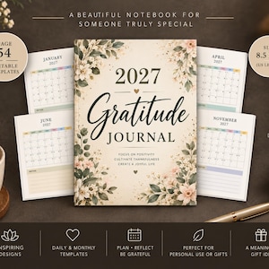 Peut inclure: Un journal de gratitude 2027 avec une couverture crème ornée d'illustrations florales et le texte 2027 Gratitude Journal, Focus on Positivity, Cultivate Thankfulness, Create a Joyful Life. Comprend 54 pages, 21,59 x 27,94 cm et des calendriers.