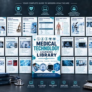 Pode incluir: Um guia Medical Technology Learning Library com um livro central intitulado Medical Technology Learning Library rodeado por 24 páginas informativas sobre temas como raios-X, tomografias e sistemas corporais, com um estetoscópio em destaque.