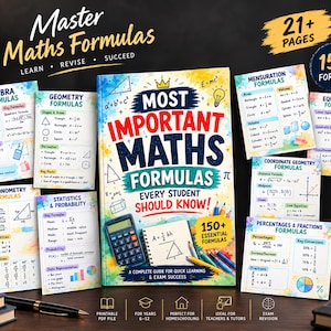 May include: A collection of educational math formula study sheets and a central guide titled Most Important Maths Formulas Every Student Should Know. The materials feature colorful watercolor accents, mathematical symbols, diagrams, and text covering algebra, geometry, trigonometry, statistics, and calculus.