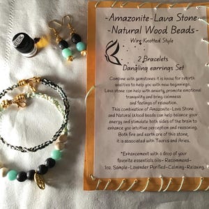 Amazonite-Lava Stone Jewelry Set Natural Wood Beaded Jump Wire Bracelet, Dangling Earrings, Aromatherapy Diffuser Gift Set Complementary oil