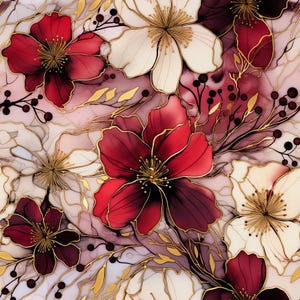 May include: A seamless pattern featuring deep red and white flowers with gold-lined petals and stems. The background consists of soft, marbled pink and white ink-like swirls, accented by delicate gold branches and small dark berries throughout.