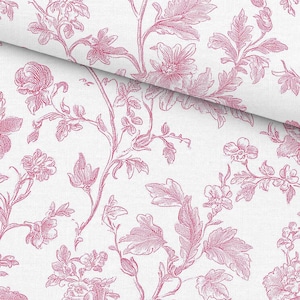 Peut inclure: Un tissu blanc orné d'un motif répétitif d'illustrations florales magenta. Le design se compose de fleurs, de bourgeons et de feuilles dessinés au trait détaillé, disposés dans une composition organique et étendue sur toute la surface.
