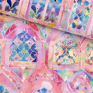 May include: A fabric featuring a repeating pattern of arched windows in shades of pink, blue, and purple. The design includes intricate floral and geometric motifs within each arch, rendered in a watercolor style with soft, blended color transitions.