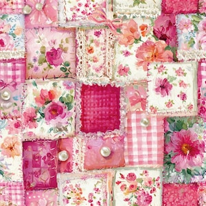 May include: A patchwork fabric design featuring various squares of pink and white floral patterns, gingham checks, and solid magenta textures. The composition includes decorative white lace trim borders and small, round, white pearl-like buttons.