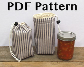 Mason Jar Carrier Bag PATTERN, Jars to Go Single instant download PDF drawstring lunch snack gift bag carrier cozy