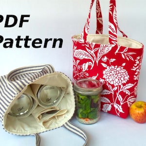 MOTIF de sac de transport pour pots Mason zéro déchet, Bocaux à emporter, téléchargement immédiat de sac à lunch en bocal Mason DIY PDF - maintenant en pinte, pinte et demi-pinte