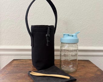 Black Mason Jar Salad Carrier Bag, Quart Size Tote with Napkin