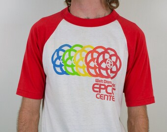 Vintage 80s Epcot Raglan T-Shirt | Walt Disney World Orlando Magic Kingdom Tee | Colorblock Mickey Mouse Red White Test Track Shirt