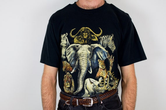 Vtg 90s Elephant T-Shirt Black L Animal Nature Wildlife Zooper