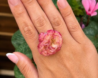 Anello con vero fiore di garofano, regolabile in acciaio inossidabile, oro o argento, edizione limitata.