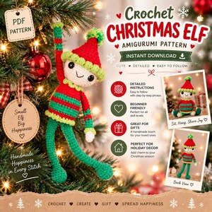 Può includere: Uno schema all'uncinetto amigurumi di un elfo di Natale che raffigura una bambola a righe rosse e verdi con un cappello abbinato. Il testo recita Crochet Christmas Elf Amigurumi Pattern, Instant Download, Detailed Instructions, Beginner Friendly, Great for Gifts e Perfect for Holiday Decor, con due piccole foto che mostrano l'elfo seduto e visto da dietro.