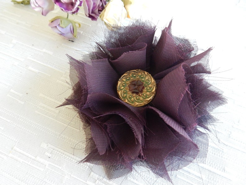 Romantic Chiffon Brooch Fluffy Chiffon Scarf Pin Plum and Green Chiffon Fabric Brooch Chiffon Brooch Gift Plum Chiffon Fabric Brooch