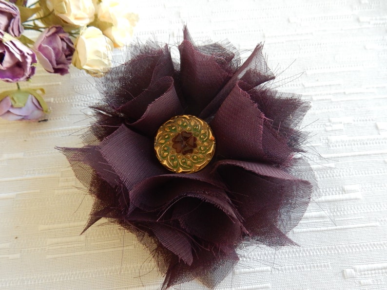 Romantic Chiffon Brooch Fluffy Chiffon Scarf Pin Plum and Green Chiffon Fabric Brooch Chiffon Brooch Gift Plum Chiffon Fabric Brooch