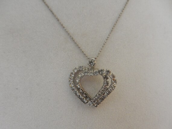Vintage Double Heart Rhinestone Necklace, Rhinestone Double Heart Necklace, Romantic Rhinestone Heart Valentine Necklace, Valentine Necklace