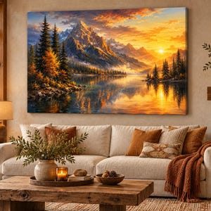 May include: A rectangular landscape wall art print featuring a mountain range reflected in a calm lake at sunset. The scene displays tall evergreen trees, golden orange clouds, and a bright sun, creating a warm, vibrant atmosphere in the artwork.