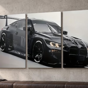 3 Piece Black Racing Car Canvas Wall Art, Sports Car Triptych, Automotive Garage Decor, Framed Ready to Hang, Man Cave Wall Decor