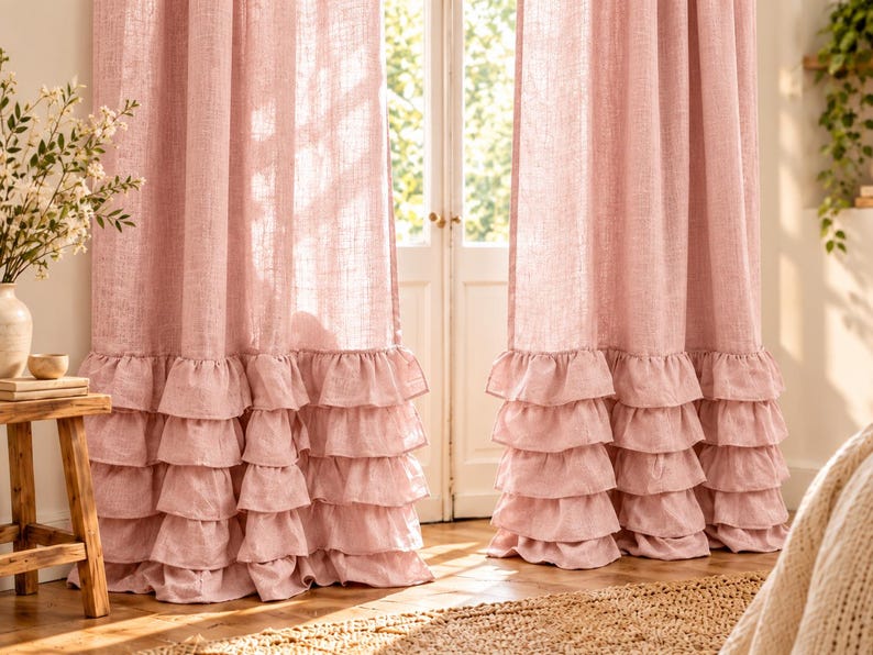Linen Ruffle Curtains, Farmhouse Window Panels, Custom Size Cottagecore ...