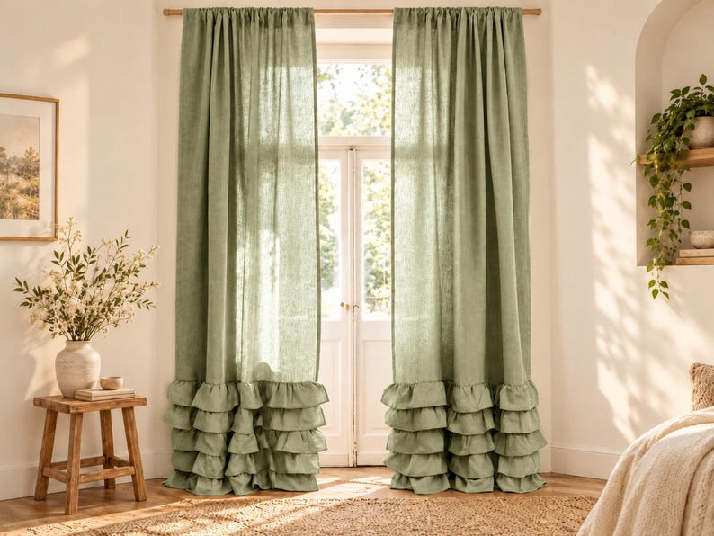 Linen Ruffle Curtains, Farmhouse Window Panels, Custom Size Cottagecore ...