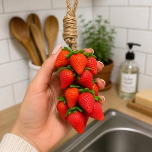Może przedstawiać: Ozdobna zawieszka w kształcie kiści jaskrawoczerwonych truskawek z zielonymi listkami, zawieszona na pętli z grubego, naturalnego, skręcanego sznurka jutowego. Truskawki mają teksturowaną powierzchnię i są ułożone w gęstą, zwartą grupę.