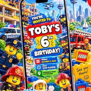 May include: A digital birthday invitation on a smartphone screen featuring Lego-style characters, including police officers, firefighters, and an astronaut. The text reads: YOU'RE INVITED TO TOBY'S 6TH BIRTHDAY! SUNDAY OCTOBER 9, 2026 FROM 2:00-4:30PM GREENWICH PARK PLAYGROUND.
