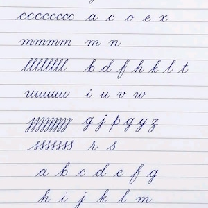 May include: A lined practice sheet featuring blue ink calligraphy exercises. The text includes Basic Strokes, Right Slant, and rows of cursive letters including c, a, o, e, x, m, n, b, d, f, h, k, l, t, i, u, v, w, g, j, p, y, z, r, s, and the full alphabet.