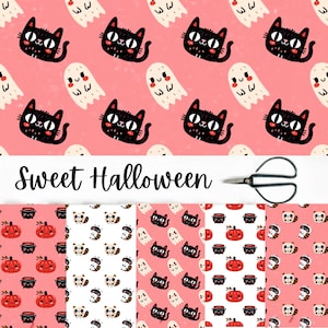 Peut inclure: Un pack de papier numérique avec des motifs répétitifs de chats noirs, fantômes blancs, citrouilles orange et chaudrons noirs sur fonds rose et blanc. Le texte Sweet Halloween est écrit en noir à côté d'une paire de ciseaux en métal.