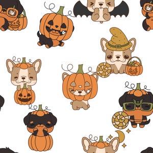 Peut inclure: Un motif répétitif sur fond blanc représentant des chiens de dessin animé en costumes d'Halloween. Les chiens portent des chapeaux citrouille orange, des chapeaux de sorcière et des ailes de chauve-souris, certains tenant des seaux citrouille.