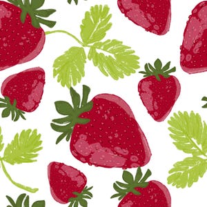 Peut inclure: Un motif répétitif composé de fraises rouge vif aux surfaces texturées avec des tiges feuillues vertes, entremêlées de feuilles dentelées vert clair sur un fond blanc. Le style d'illustration présente des coups de pinceau visibles.