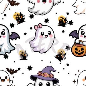 Peut inclure: Un motif répétitif sur fond blanc représentant des fantômes de dessin animé, des chauves-souris noires, des citrouilles d'Halloween orange et des silhouettes de maisons hantées noires avec des lunes jaunes. Certains portent des nœuds roses.