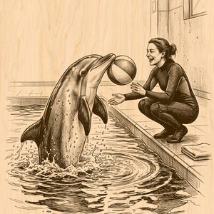 May include: A sepia-toned illustration on a wood grain background depicting a dolphin emerging from water to balance a ball on its nose, while a person in a wetsuit crouches at the edge of the pool with hands outstretched, smiling at the dolphin.