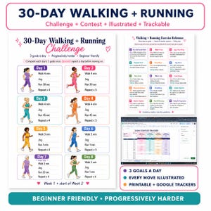 Könnte beinhalten: Ein 30-Tage-Geh- und Lauf-Challenge-Diagramm mit illustrierten Figuren, täglichen Trainingszielen, einem Referenzleitfaden und einem digitalen Tabellen-Tracker. Das Layout enthält Textüberschriften, farbcodierte Boxen für die Tage 1 bis 8 sowie Anleitungen zur Fortschrittsverfolgung.