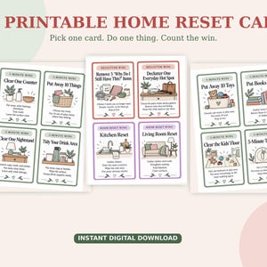 Peut inclure: Un ensemble de 112 cartes de rangement imprimables pour la maison, présentant des illustrations et des instructions textuelles pour les tâches ménagères. Les cartes incluent des titres comme Clear One Counter et Kitchen Reset.