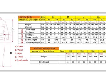 May include: A sizing chart for karting suits featuring a line drawing of a suit with labeled measurements A, B, C, F, G, and H. The chart includes two tables with columns for adult sizes S to XXL and children's sizes 110 to 150 in centimetres.