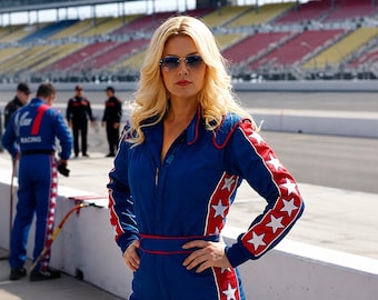 May include: A blue racing jumpsuit featuring red side panels with white star patterns along the sleeves and legs. The garment has a front zipper closure, a high collar, and a fitted waist. The design includes red piping accents along the shoulders.