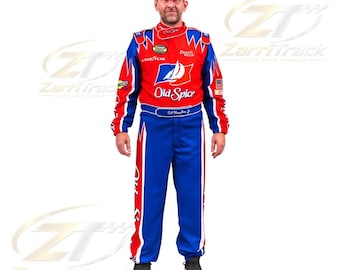 May include: A red, white, and blue racing suit featuring the Old Spice logo on the chest and legs, with Goodyear and other sponsor patches. The suit includes a matching red cap, long sleeves, and full-length trousers with a white stripe down the side.