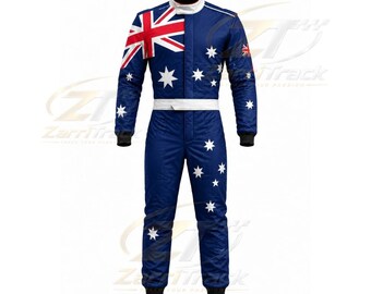 May include: A blue racing suit featuring the Australian flag design on the upper chest and sleeves. The garment includes a white collar and a white horizontal waistband, with multiple white stars scattered across the blue fabric of the legs and torso.