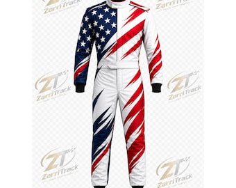 May include: A racing suit featuring a bold design with a blue field of white stars on the upper left torso and sleeve, contrasted by dynamic red and white diagonal brushstroke patterns across the right side and legs, with a high collar.