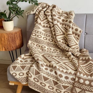 May include: A knitted throw blanket featuring a repeating geometric pattern in cream and brown. The design includes rows of triangles, circles, and chevron-like shapes, creating a textured appearance across the entire fabric surface.