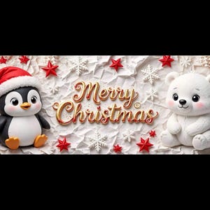 May include: A penguin wearing a red Santa hat and a white polar bear figurine sit on a textured white background decorated with red stars and white snowflakes. The gold text Merry Christmas is centred between the two figures.