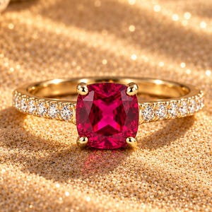 Könnte beinhalten: Ein goldener Ring mit einem zentralen, kissenförmigen, leuchtend roten Edelstein in einer Vier-Krappen-Fassung, dessen Ringschiene auf beiden Seiten mit einer Reihe kleiner, klarer, rund geschliffener Steine besetzt ist, auf sandigem Untergrund.