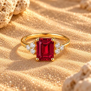 Ruby Engagement Ring Emerald Cut Red Ruby Yellow Gold Plated Vintage Cluster Custom Ring Gift for Her July Birthstone Anniversary