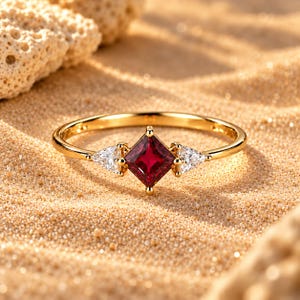 May include: A gold ring featuring a central princess-cut deep red gemstone flanked by two smaller triangular clear stones. The band is thin and polished, showcasing a classic three-stone design with prong settings for each of the three stones.