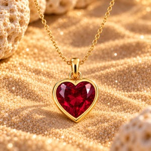 May include: A gold necklace featuring a heart-shaped pendant with a deep red faceted gemstone set in a polished gold frame. The pendant hangs from a delicate gold chain, showcasing a vibrant red center that catches the light with clarity.