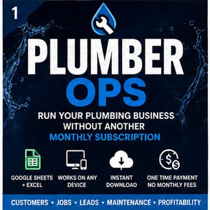 Könnte beinhalten: Eine dunkelblaue digitale Grafik mit dem Titel PLUMBER OPS und einem Symbol aus Schraubenschlüssel und Wassertropfen. Der Text umfasst RUN YOUR PLUMBING BUSINESS WITHOUT ANOTHER MONTHLY SUBSCRIPTION, GOOGLE SHEETS + EXCEL, WORKS ON ANY DEVICE, INSTANT DOWNLOAD und ONE TIME PAYMENT.