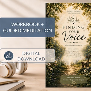 May include: A digital workbook and guided meditation kit titled Finding Your Voice, featuring a forest path illustration with a wooden bench, white daisies, and text. Includes white headphones and a gold pen on a notebook in the foreground.